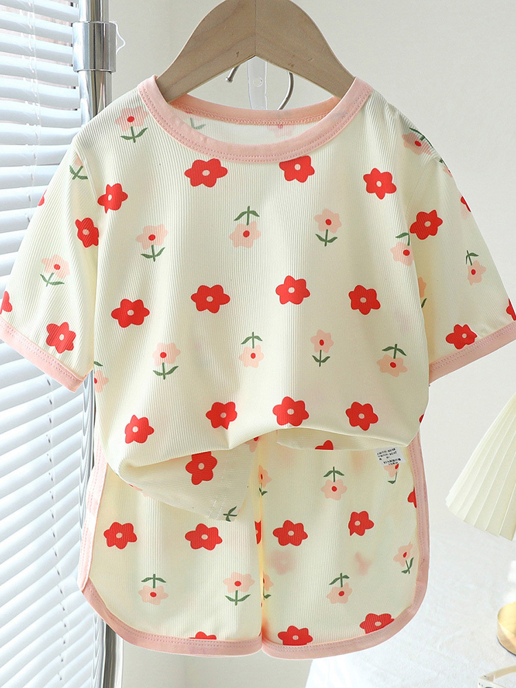 Children's Short-Sleeved Shorts Suit Girls' Summer Ice Silk Small Floral Print Homewear Baby Boy Cartoon Short Sleeved T-shirt