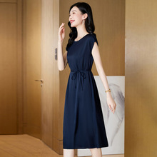 杭州重磅真丝连衣裙女2023夏季新款纯色宽松系带中长款桑蚕丝裙子