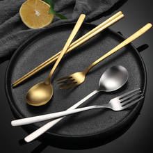 砂光304韩式勺叉筷西餐套装拉丝工艺不锈钢勺子叉子酒店金色筷子