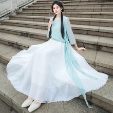 新款新中式中式圆领气质风尚不规则中袖叠层典雅文艺大摆裙套装