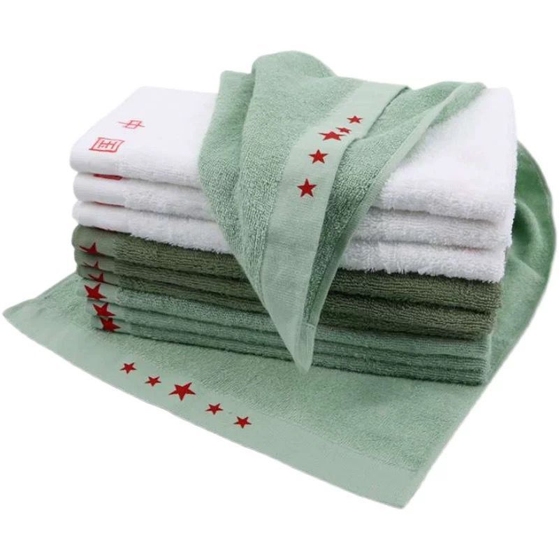 厂家批发军绿色质检报告全棉部队消防军训宿舍洗脸洗澡加厚毛巾面
