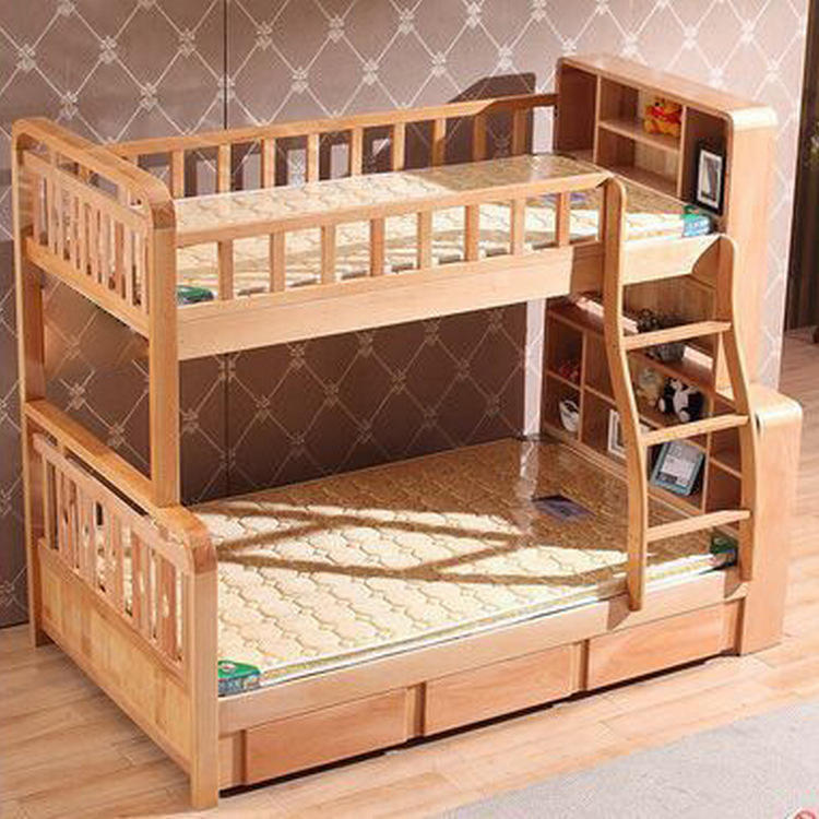 简约经济型高低榉木子母床木蜡油带木质书架双人上下铺子母床