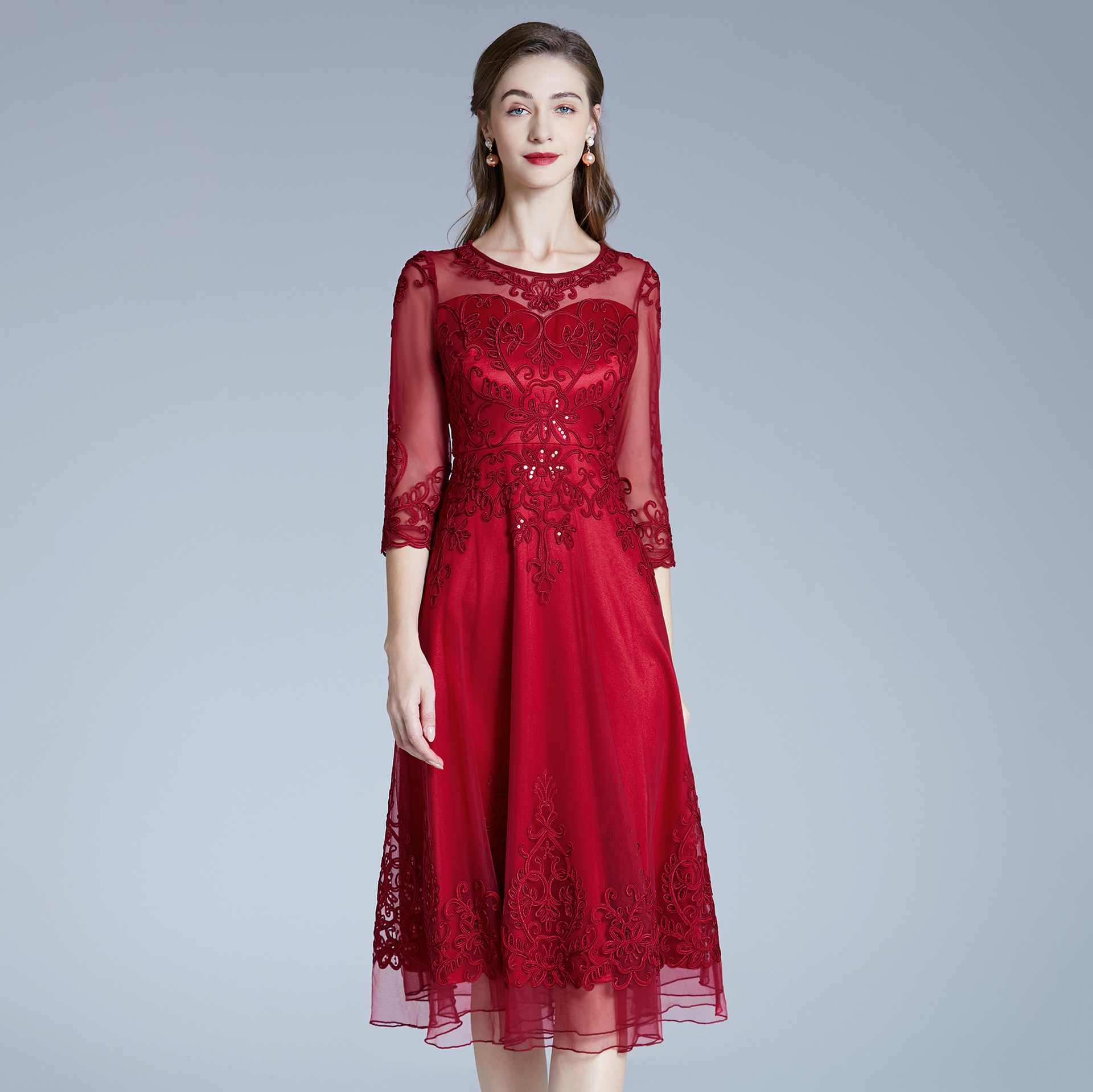 深圳高端网纱婚宴礼服中老年大码女装婚礼喜婆婆妈妈装长款连衣裙