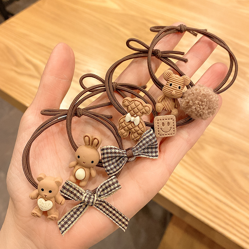 New Cartoon Fur Ball Hair Ring Korean Plaid Bowknot Headband Women Hair Band Hair Rope Hair Accessories Wholesale