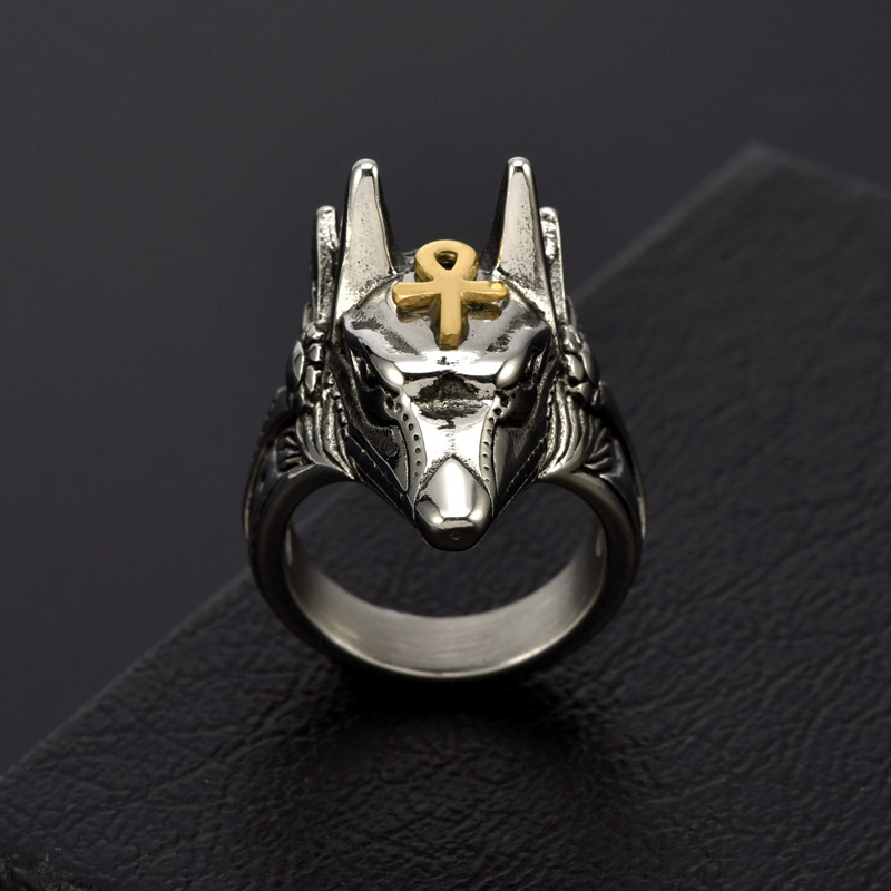 欧美时尚饰品 埃及死神阿努比斯安赫钥匙十字架戒指 男士个性指环