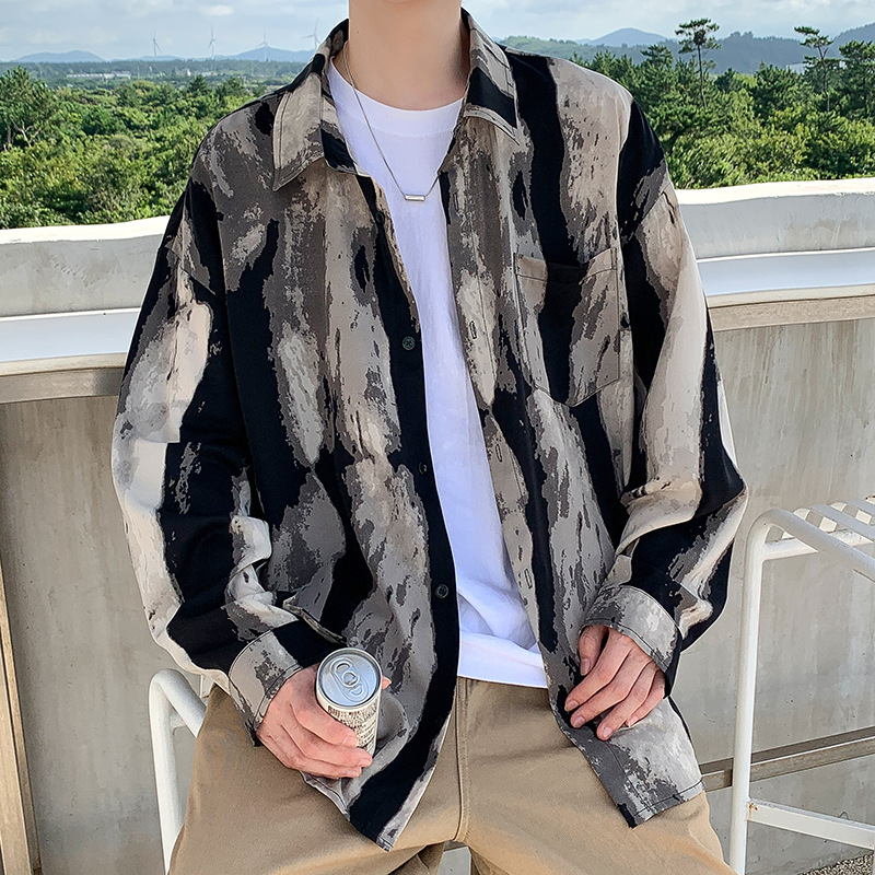 Spring and Autumn New Shirt Men Fashion Brands Vintage Ink Painting Tie-Dyed Long Sleeve Shirt plus Size Drape Cardigan Top outside