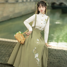 原创设计新款绿意汉服女中国风衬衣背带裙两件套8431