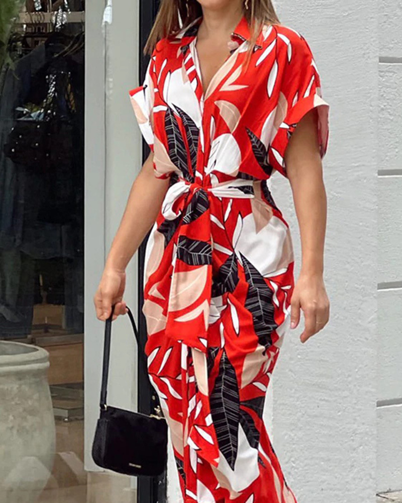 Amazon Ins Spring 2023 Europe and America Cross Border Women's Clothing Printing Lapel Short Sleeve High Waist Long Shirt Dress