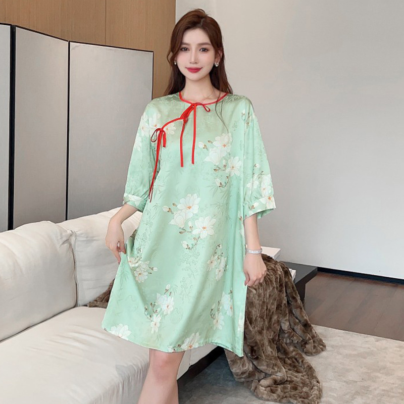 旗袍式睡裙女夏季新款中式复古冰丝睡衣春秋中袖高级感印花家居服