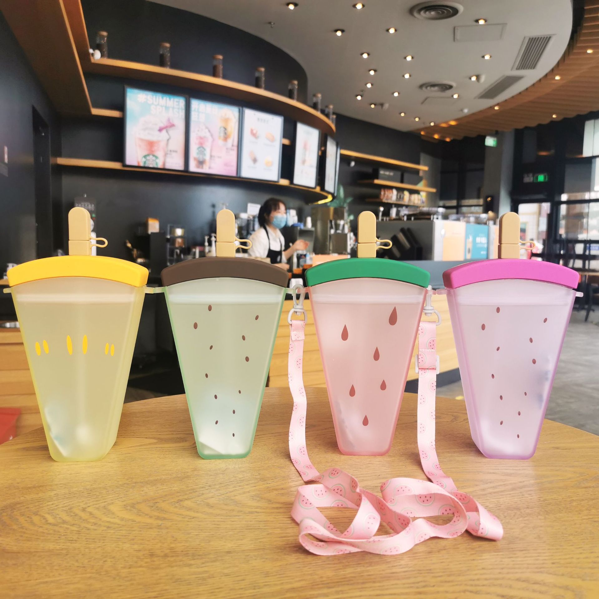 Ya Fei Qi Creative Watermelon Plastic Drinking Straw Strap Juice Cup Ice Cream Student Water Cup Gift Cup Wholesale