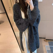 韩系软糯针织开衫女秋冬季新款宽松慵懒风灯笼袖大毛衣外套中长款