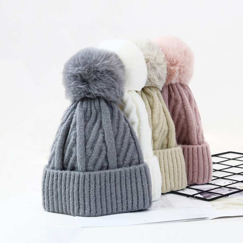 Hat Female Winter Knitting Sleeve Cap Warm Ear Protection Thick Thread Twist Woolen Cap Thick Big Fur Ball Knitted Hat Female