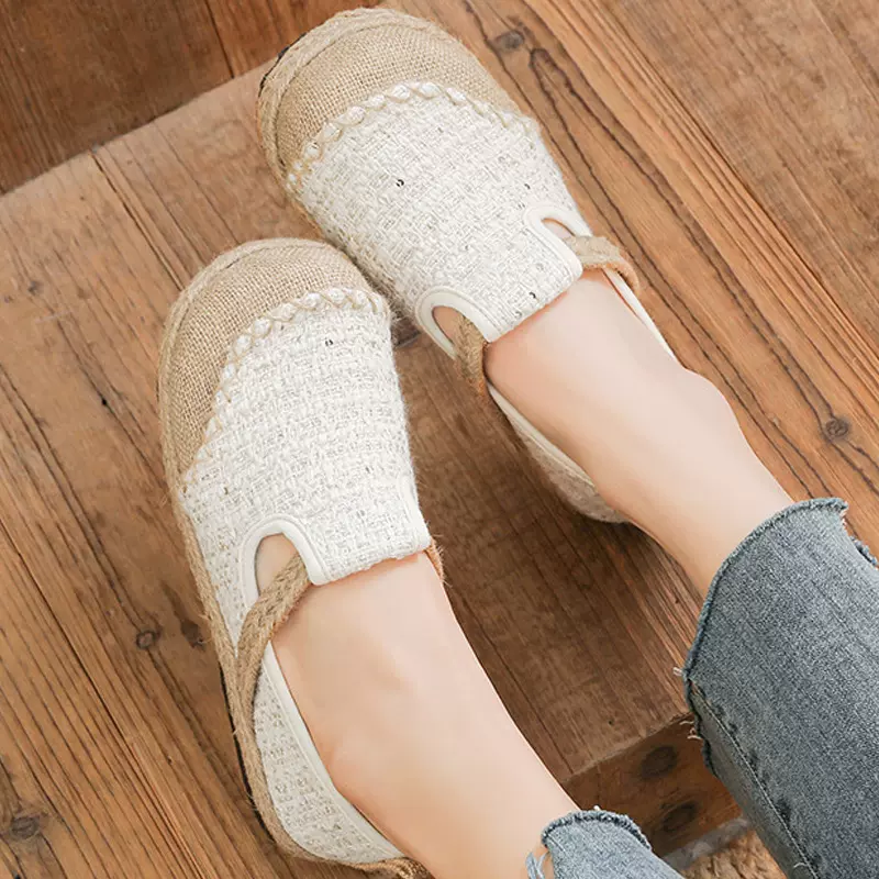 5cm内增高小香风女鞋浅口一脚蹬老北京布鞋坡跟亚麻鞋民族风布鞋