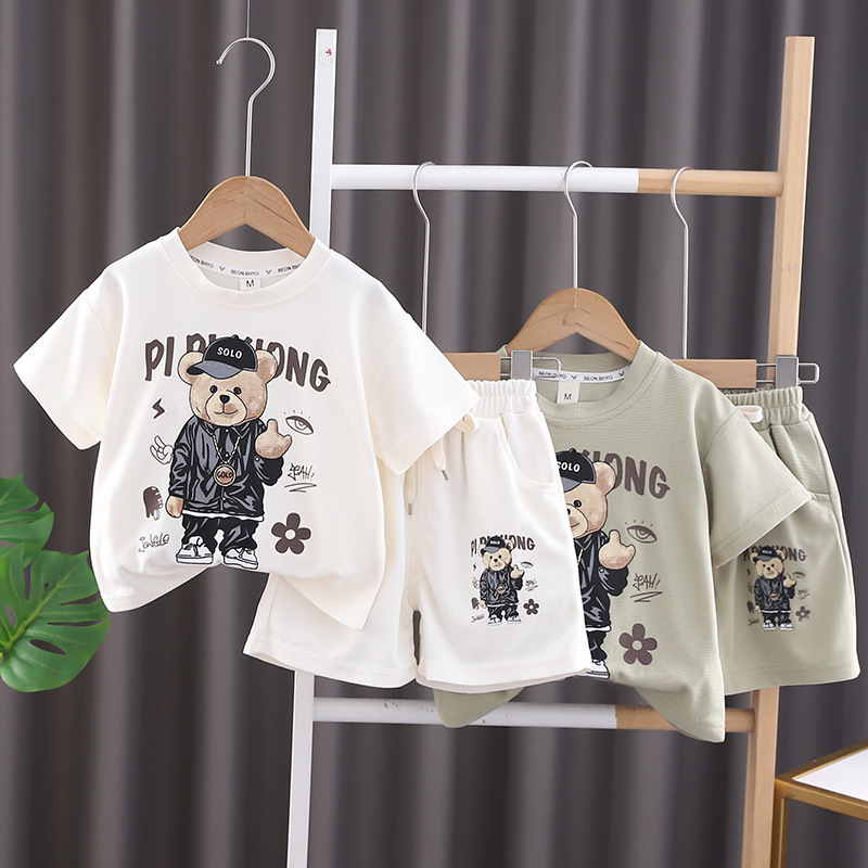 Children's Clothing Children's Short-Sleeved Suit 2024 New Western Style Boy Summer Clothing Clothes Fashion Baby Summer round Neck Two-Piece Set