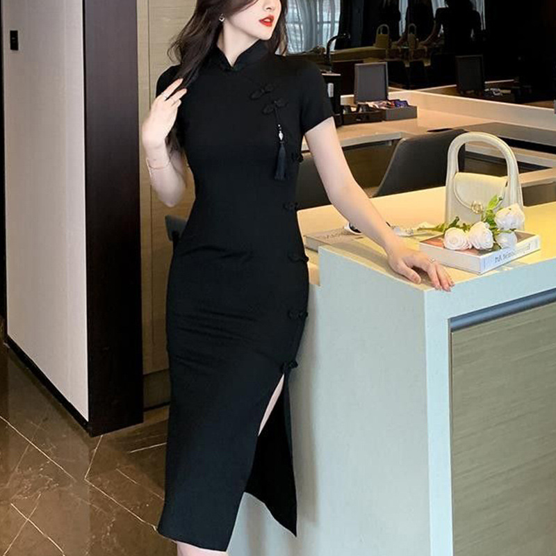 复古新中式改良旗袍女款春夏黑色开叉包臀裙国风流苏盘扣连衣裙子