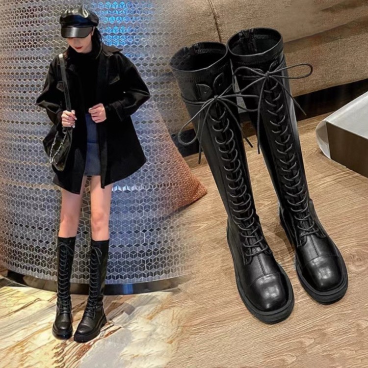 2021秋冬新款韩版骑士弹力皮pu圆头前系带后拉链黑色女士高筒皮靴