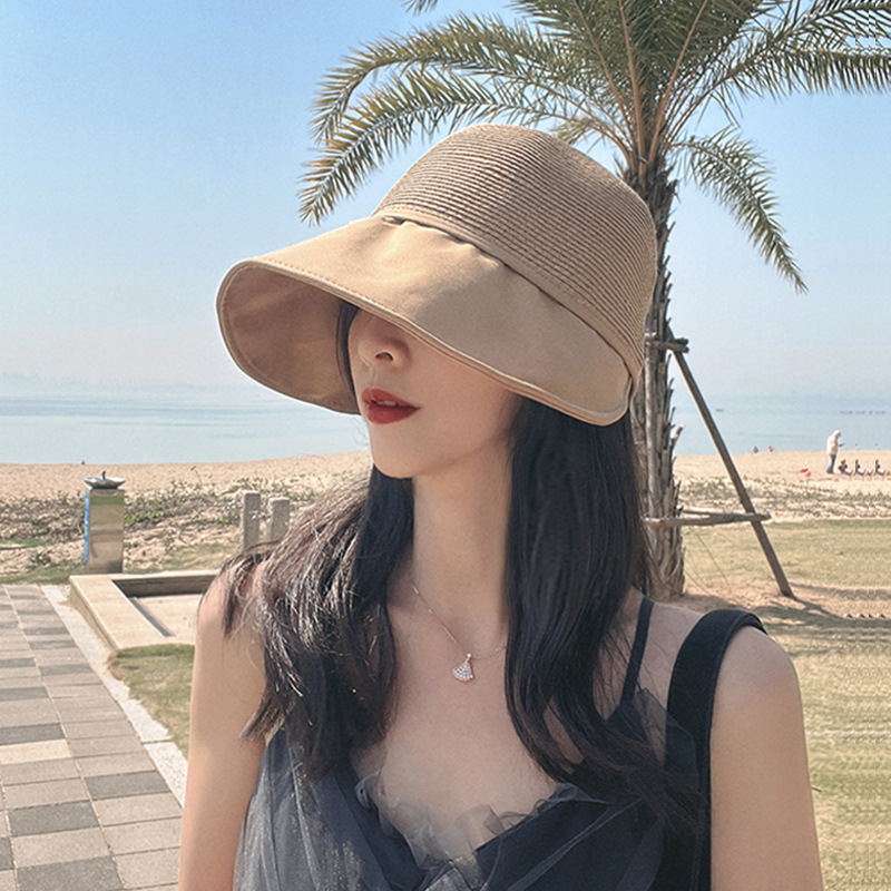 Straw Knitted Peaked Cap Topless Hat Women's Beach Sun Protection Sun-Proof Uv-Proof Sun Hat Straw Hat Summer Face-Covering Women's