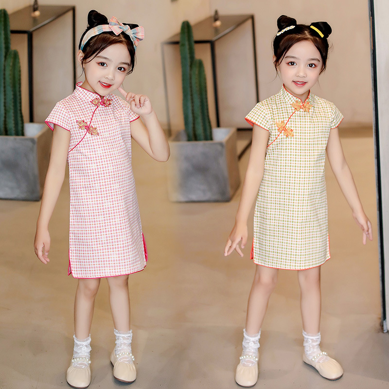 司藤同款儿童旗袍夏装女童中国风格子连衣裙学生民国改良唐装汉服
