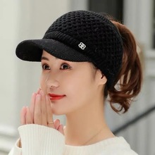 空顶帽子女士冬季韩版时尚百搭加绒加厚毛线帽跑步骑车鸭舌针织帽