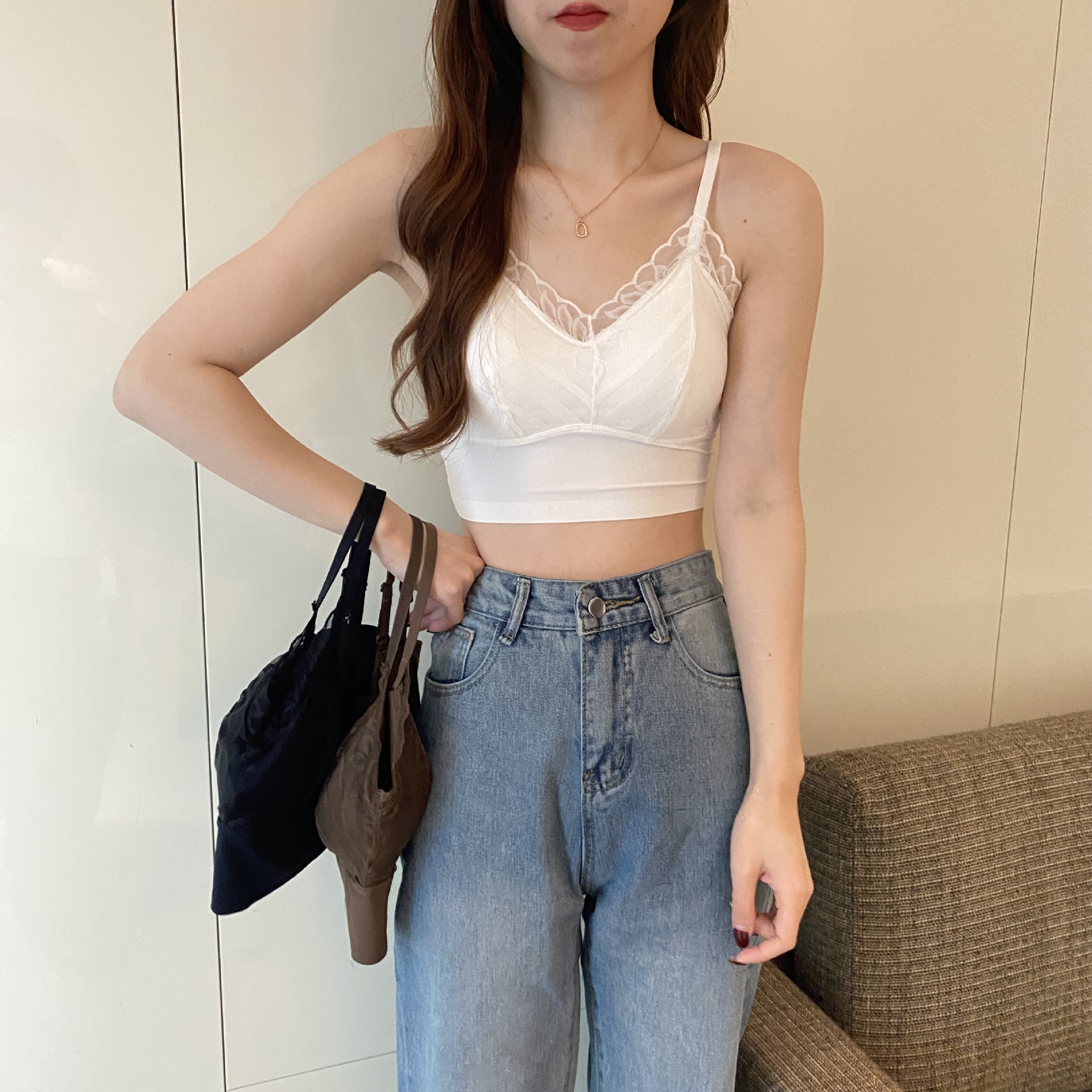 新款冰丝美背裹胸蕾丝性感吊带内搭外穿背心带胸垫打底抹胸内衣女