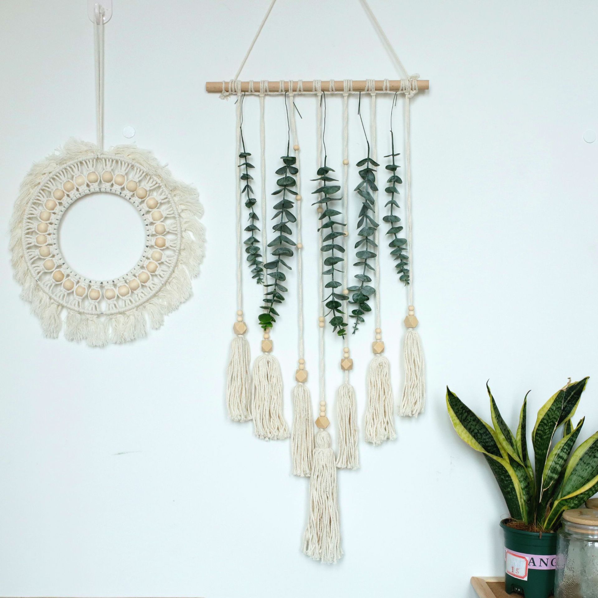 ins北欧棉线带尤加利叶流苏壁挂 小清新床头纯手工编织挂毯