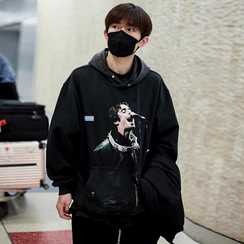 男装美式潮牌复古侃爷王源同款摇滚歌手印花帽衫连帽卫衣 hoodie