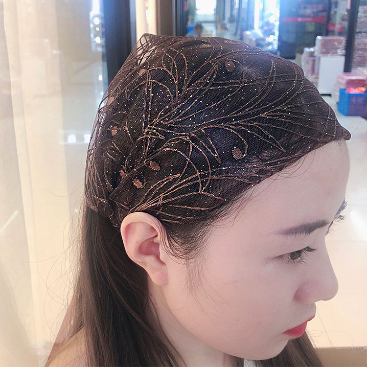 春季气质网纱提花闪亮遮白发宽发带蕾丝女头巾发套发箍头带发饰