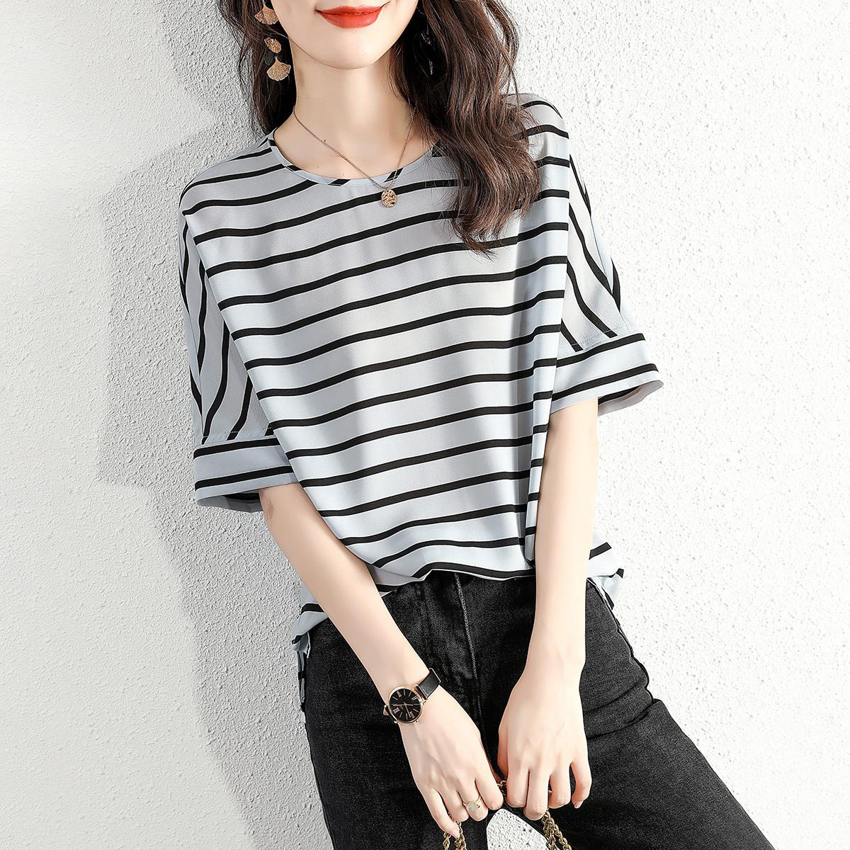 t恤女长袖印花长袖女t恤长款短袖印花中长款t恤裙印花条纹上衣中长