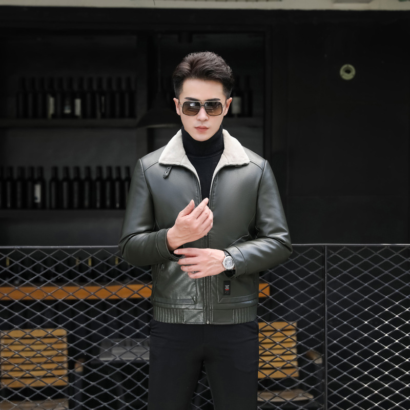 2023 Winter New Leather and Fur Integrated Men's Middle-Aged Short Multi-Color Velvet Thickened Men's Pu Leather Wholesale