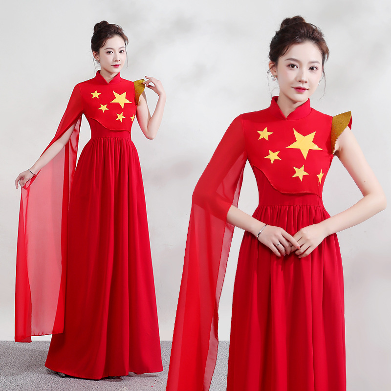 元旦红歌大合唱团演出服女长裙朗诵比赛表演服装主持指挥晚礼服