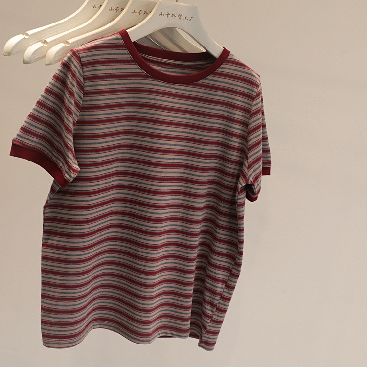 撞色圆领复古暗红条纹短袖t恤女宽松休闲打底衫上衣-阿里巴巴