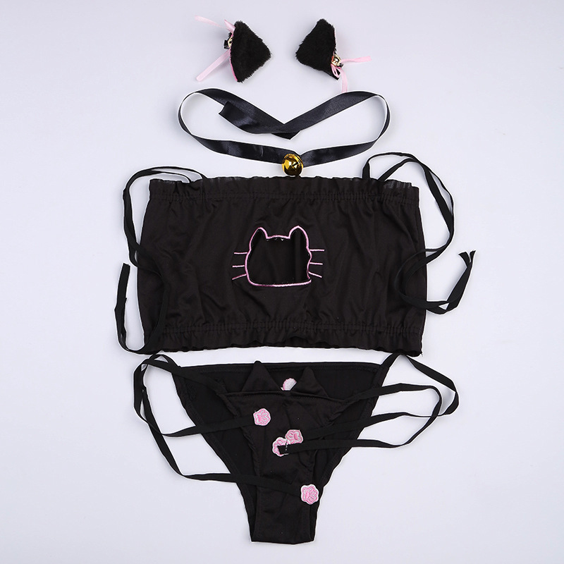 厂家批发新款死库水刺绣文胸动漫猫咪开胸cosplay情趣内衣套装