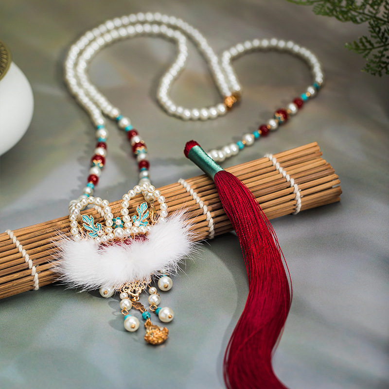 清仓古风饰品套装冬季汉服配饰璎珞对夹压襟毛球儿童背云长款项链