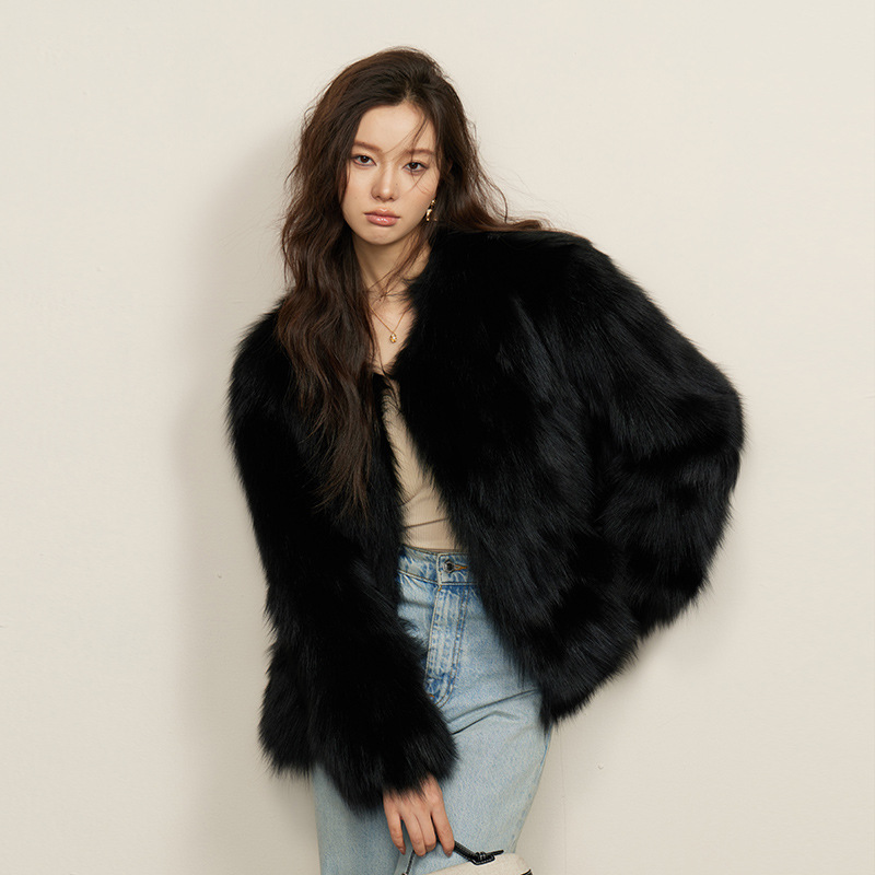 aus「氛围美女」黑色整皮狐狸毛皮草外套女年轻款百搭毛毛大衣冬