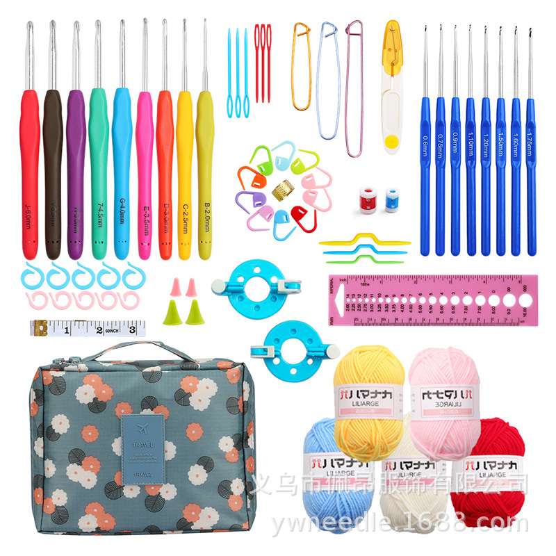 新款编织工具9支a款钩针加蓝柄蕾丝钩针5团毛线手工diy套装批发