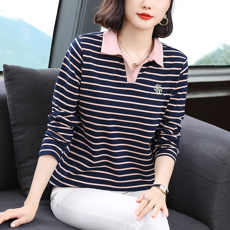 长袖t恤女2023年秋季新款绣花时尚女装中年妈妈打底衫条纹上衣