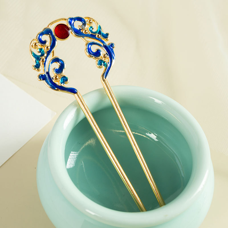 烧蓝发钗明制发饰古风发簪古装配饰汉服盘发簪子头饰唐风敦煌饰品