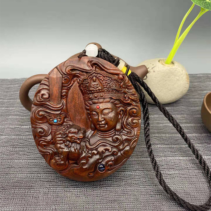 厂家直购犀牛紫檀投影双面雕手把件文殊菩萨佛牌挂件实木工艺品