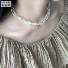 欧美跨境多层施华洛珍珠项链女轻奢气质百搭复古三层缠绕珍珠项饰