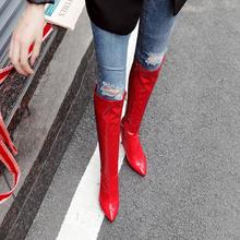 跨境欧美时尚跟女靴细跟长靴靴侧拉链红色外贸