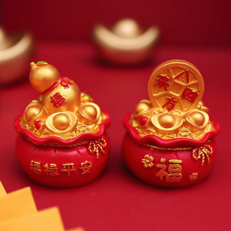 吉祥聚宝盆钱袋树脂汽车摆件平安好运袋新年发财福袋蛋糕装饰品
