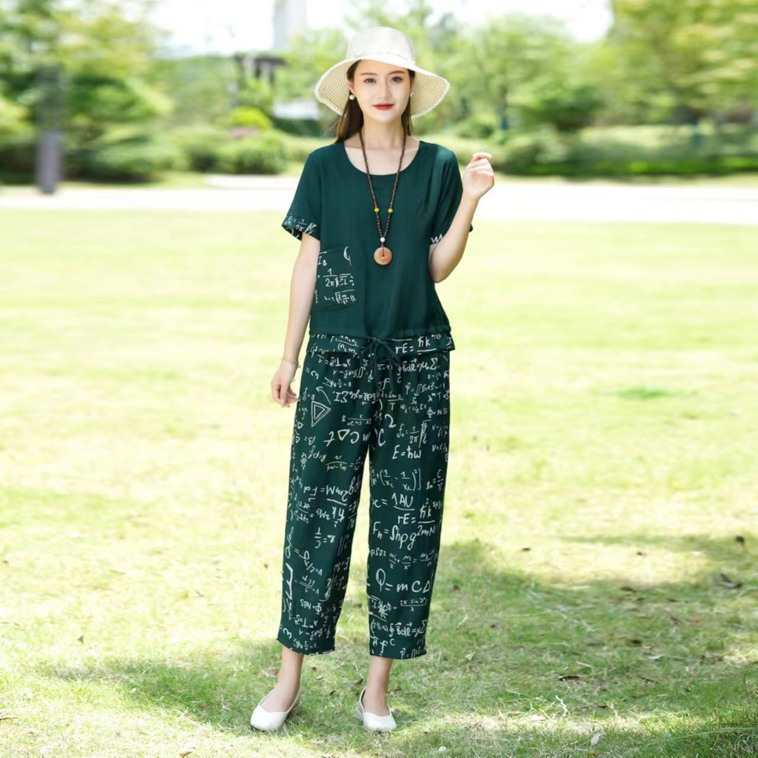 2023夏季新款短袖休闲棉麻套装t恤中年女装时尚显瘦九分裤两件套