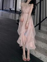 T2023新款网纱吊带裙女小个子性感长裙法式一字肩粉色连衣裙高级