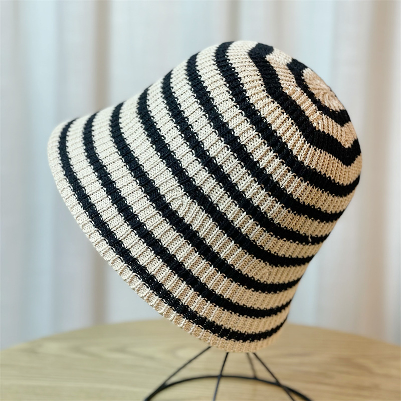 Hat Female Spring and Summer Leisure Shopping Striped Bucket Hat Korean Fashion All-Match Knitted Dome Bucket Hat Foldable Fashion