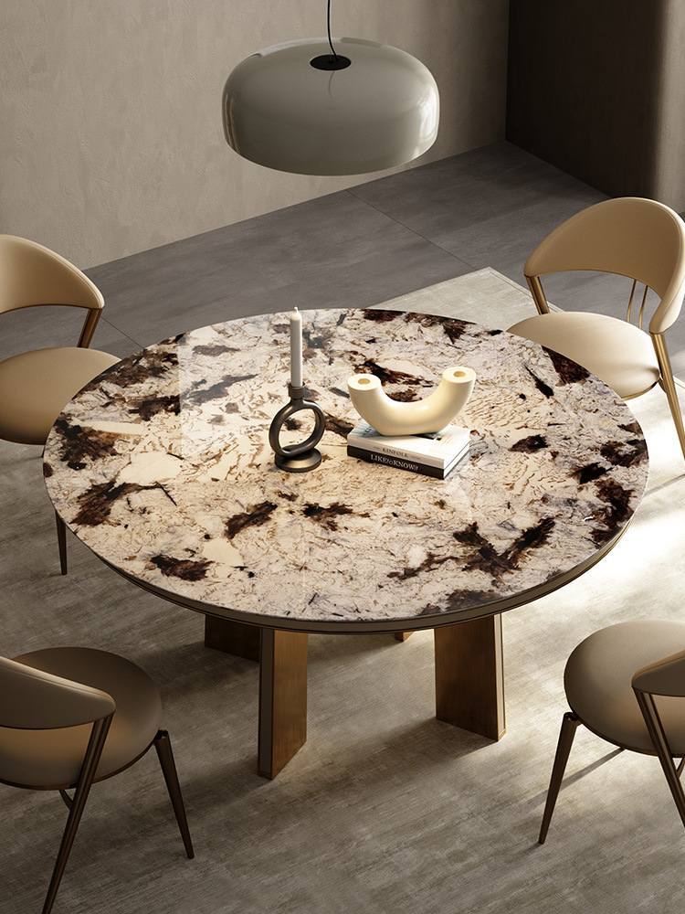 天然大理石轻奢餐桌大户型别墅餐厅大圆桌意式极简天山暮雪餐桌椅
