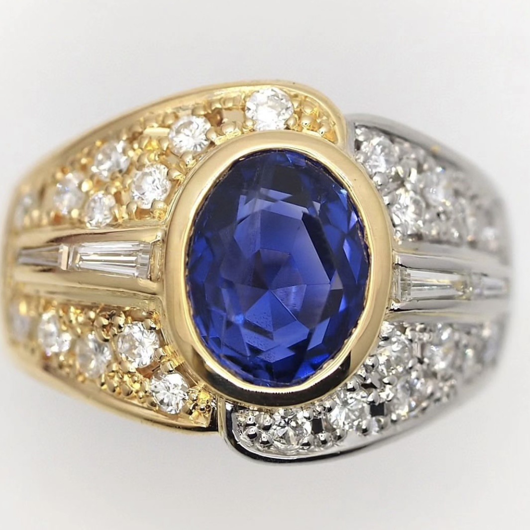 超繁 热卖欧美流行饰品新款双色电镀镶嵌鹅蛋形蓝钻锆石订婚戒指