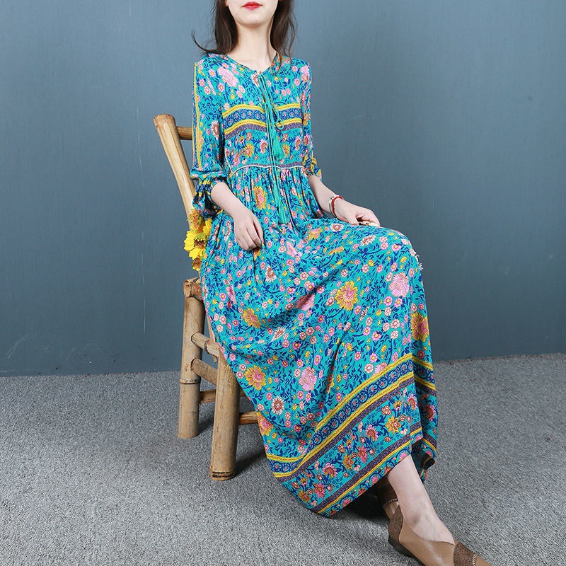 复古民族风棉质印花连衣裙女春夏季长款大摆裙宽松波西米亚长裙子
