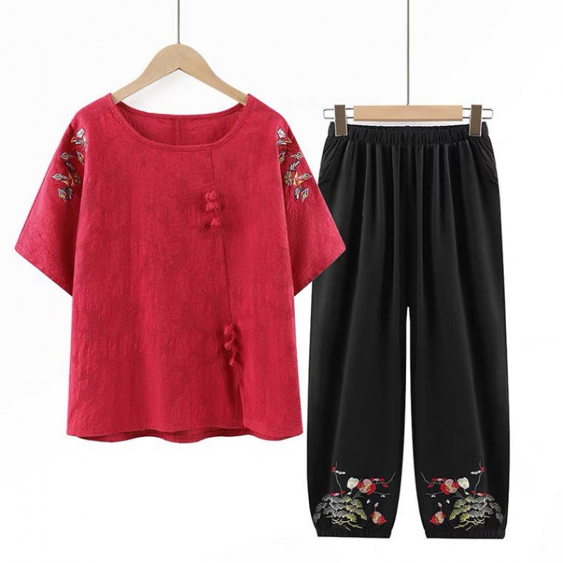 Middle-Aged and Elderly Women's Clothing Grandma Summer Wear Suit Short Sleeve Cotton and Linen Old Lady 60-70 Years Old 80 Mother Old Clothes