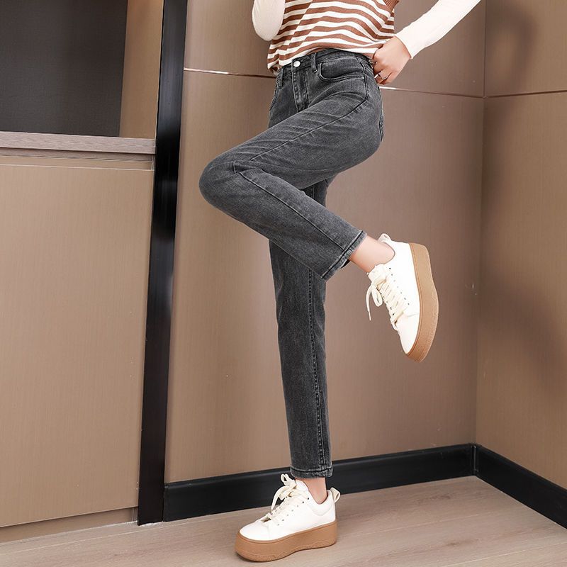 Cigarette Pants Straight Jeans Women's Cropped High Waist Stretch Autumn and Winter Fleece-Lined Long Pants New All-Matching Slimming Loose