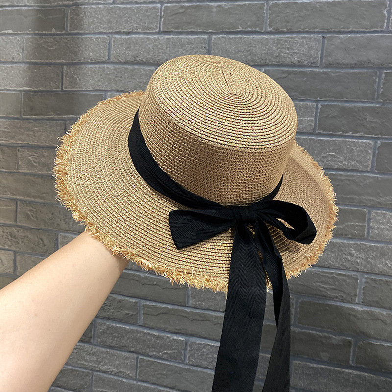 Japanese Style Fur Brim Straw Hat Fresh Ribbon Bowknot Sun Hat Female Seaside Vacation Beach Hat Flat Top Hat